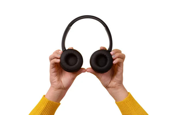 Black Headphones Hand Isolated White Background — Stock Photo, Image