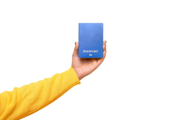 Passaporte Azul Mão Isolado Fundo Branco Conceito Viagem Mundial — Fotografia de Stock