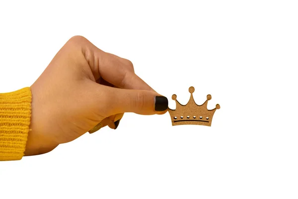 Деревянная Корона Руке Изолированы Белом Фоне Концепция Короля Королева Власти — стоковое фото
