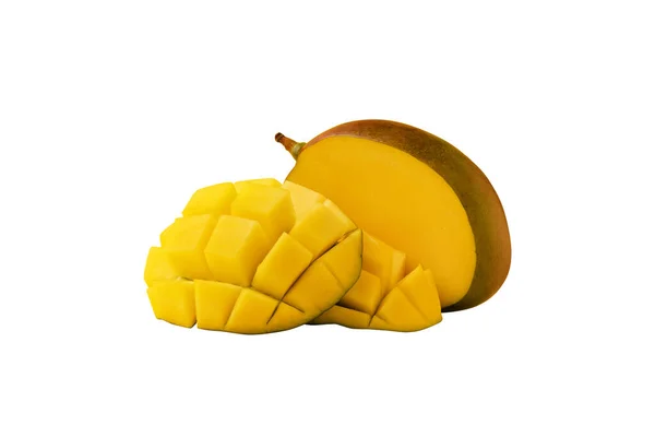 Mango Frucht Mit Mangowürfeln Isoliert Auf Weißem Hintergrund — Stockfoto