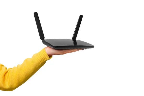 Schwarzer Wifi Router Zur Hand Isoliert Auf Weißem Hintergrund — Stockfoto