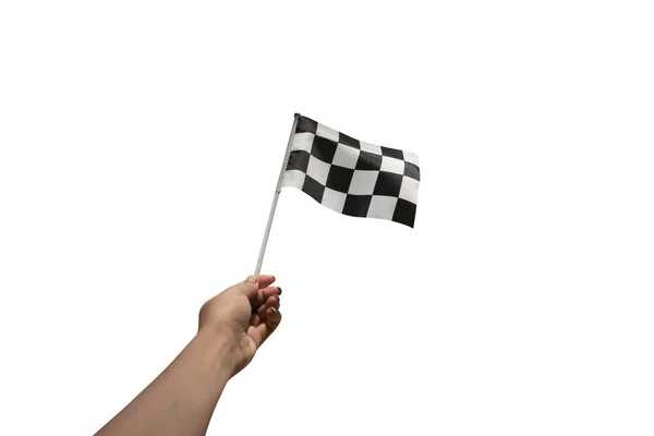 Hand Hålla Rutig Flagga Isolerad Vit Bakgrund — Stockfoto