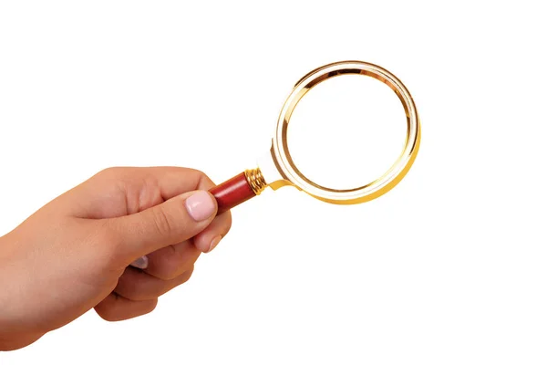 Stock image magnifier in hand isolated on white background