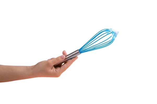 Batedor Manual Azul Mão Isolado Fundo Branco Conceito Sobremesa Cozinhar — Fotografia de Stock