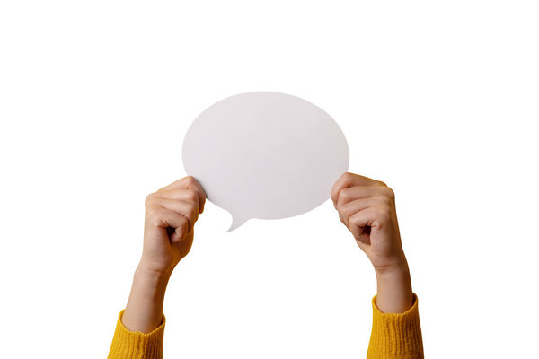 Dialogue icon, blank speech bubble in hand isolated on white background