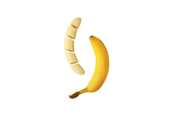 Banan Plasterkami Izolowane Białym Tle Modne Owoce Nowoczesne Płaskie Leżały — Zdjęcie stockowe