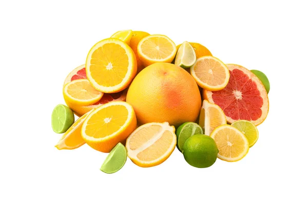 Citrusvruchten Sinaasappel Citroen Grapefruit Limoen Geïsoleerd Witte Achtergrond Zomer Concept — Stockfoto