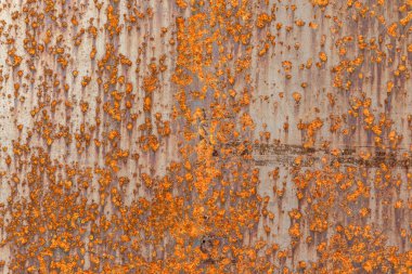 Paslanmış, turuncu pas kaplı bir metal yüzeye yakın plan veya tasarım kullanımı için endüstriyel bozulma ve kumlu doku sergiliyor..