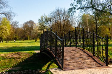 Açık güneşli bir günde ağaçlarla çevrili yeşil bir parkta işlenmiş demir parmaklıklarla süslü ahşap bir köprü..