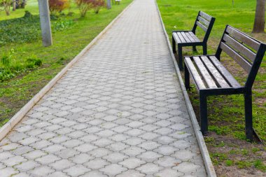 Kenarlarında iki siyah metal ve ahşap banklar olan yeşil bir parkta uzun asfalt bir yürüyüş alanı, huzurlu bir açık hava ortamı yaratıyor..