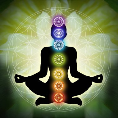Human silhouette in yoga / lotus pose with 7 Chakras Symbols and Flower of Life. (Human energy body, aura, yoga lotus pose). Supportive decor for meditation and chakra energy healing.