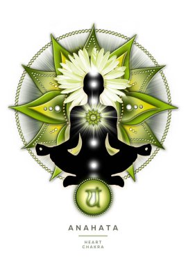 Heart chakra meditation in yoga lotus pose, in front of anahata chakra symbol and calming, green ferns. Peaceful poster for meditation and chakra energy healing. clipart