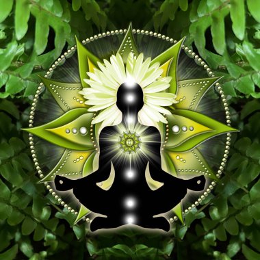 Heart chakra meditation in yoga lotus pose, in front of anahata chakra symbol and calming, green ferns. Peaceful poster for meditation and chakra energy healing.