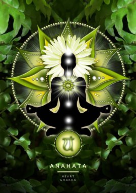 Heart chakra meditation in yoga lotus pose, in front of anahata chakra symbol and calming, green ferns. Peaceful poster for meditation and chakra energy healing.