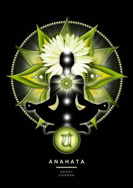 Yoga nilüferinde kalp çakra meditasyonu, anahata chakra sembolü ve sakinleştirici yeşil eğreltiotu önünde. Meditasyon için barışçıl poster ve çakra enerjisi iyileştirme.