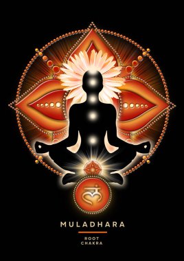 Yoga nilüferinde kök çakra meditasyonu, Muladhara çakra sembolü ve çiçek açan Gazania bahçesinin önünde. Meditasyon için barışçıl poster ve çakra enerjisi iyileştirme.