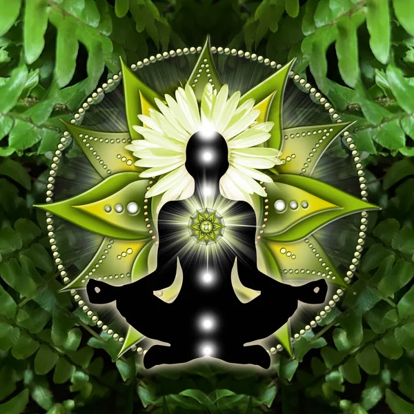 Heart Chakra Meditation Yoga Lotus Pose Front Anahata Chakra Symbol — Stock Photo, Image