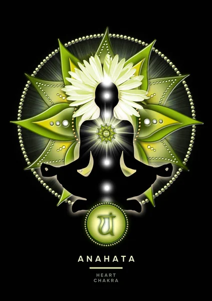 ヨガのハスのポーズでハートチャクラ瞑想 Anahataチャクラのシンボルの前に 落ち着いた 緑のシダ 瞑想とチャクラエネルギー治癒のための平和なポスター — ストック写真