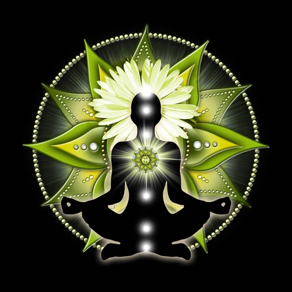 Heart chakra meditation in yoga lotus pose, in front of anahata chakra symbol and calming, green ferns. Peaceful poster for meditation and chakra energy healing.
