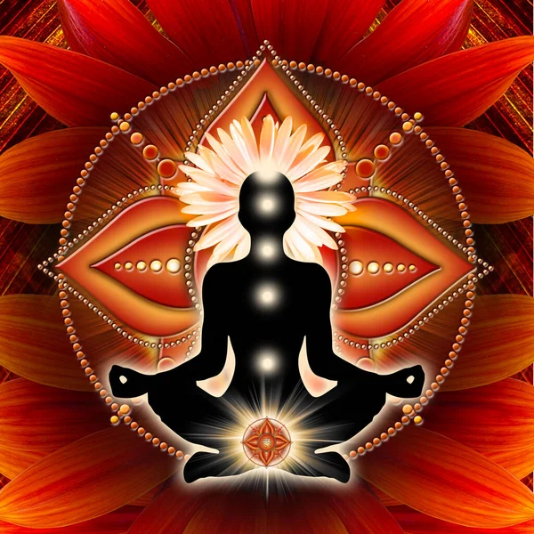 Gyökér Csakra Meditáció Jóga Lótuszban Póz Előtt Muladhara Csakra Szimbólum — Stock Fotó