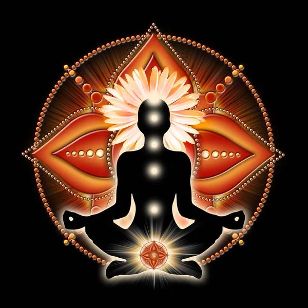 瑜珈荷花中的根脉轮静坐着 在莫拉哈拉脉轮的符号和盛开的番石榴花园花朵面前 用于冥想和脉轮能量治疗的和平海报 — 图库照片