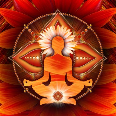 Root chakra meditation in yoga lotus pose, in front of muladhara chakra symbol. Peaceful decor for meditation and chakra energy healing. clipart