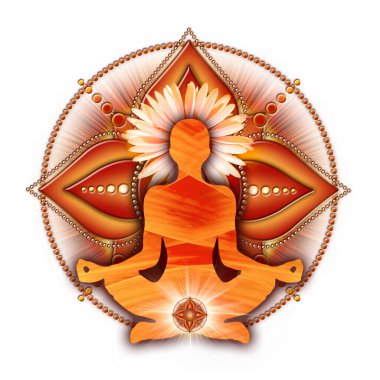 Root chakra meditation in yoga lotus pose, in front of muladhara chakra symbol. Peaceful decor for meditation and chakra energy healing. clipart