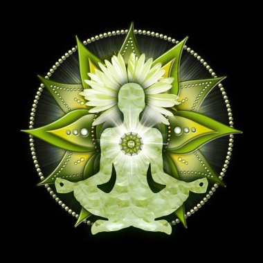 Anahata çakra sembolünün önünde yoga nilüferinde kalp çakra meditasyonu. Meditasyon için barışçıl dekor ve çakra enerjisi iyileştirme.