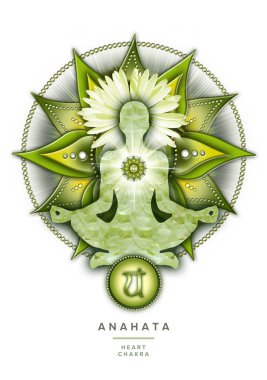 Anahata çakra sembolünün önünde yoga nilüferinde kalp çakra meditasyonu. Meditasyon için barışçıl dekor ve çakra enerjisi iyileştirme.