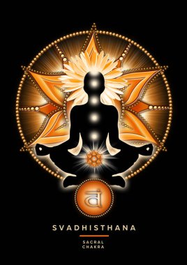Svadhisthana çakra sembolünün önünde yoga nilüferinde Sacral çakra meditasyonu. Meditasyon için barışçıl dekor ve çakra enerjisi iyileştirme.