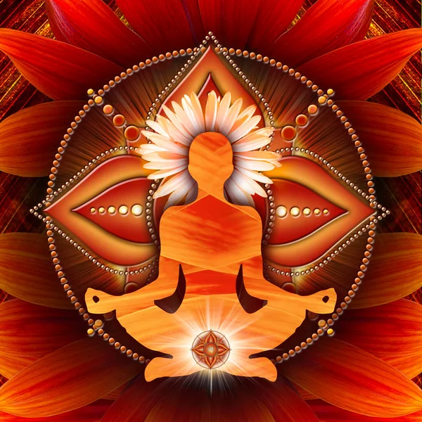 Root Chakra Meditation Yoga Lotus Pose Framför Muladhara Chakra Symbol — Stockfoto