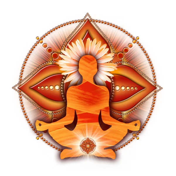 ヨガのハスのポーズでルートチャクラ瞑想 Muladharaチャクラのシンボルの前に 瞑想とチャクラエネルギー治癒のための平和的な装飾 — ストック写真