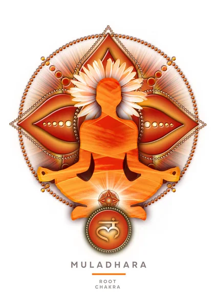 ヨガのハスのポーズでルートチャクラ瞑想 Muladharaチャクラのシンボルの前に 瞑想とチャクラエネルギー治癒のための平和的な装飾 — ストック写真