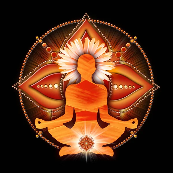 瑜伽莲花中的根脉轮冥想姿势 在莫拉哈拉脉轮符号前 用于冥想和脉轮能量治疗的和平装饰 — 图库照片