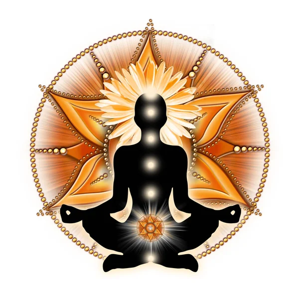 ヨガのハスのポーズで神聖なチャクラ瞑想 Svadhisthanaチャクラのシンボルの前に 瞑想とチャクラエネルギー治癒のための平和的な装飾 — ストック写真