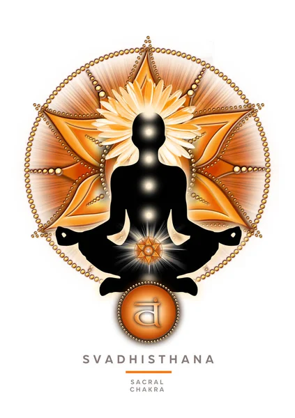 Sacral chakra meditation in yoga lotus pose, in front of svadhisthana chakra symbol. Peaceful decor for meditation and chakra energy healing.