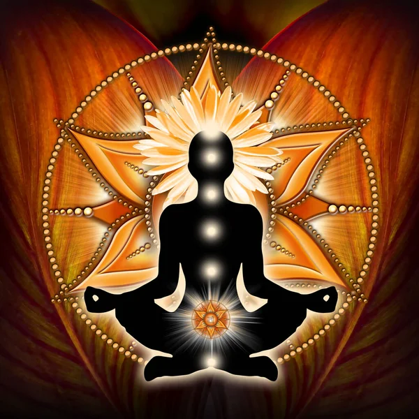 在瑜伽莲花中的圣脉轮冥想姿势 在Svadhisthana脉轮符号前面 用于冥想和脉轮能量治疗的和平装饰 — 图库照片