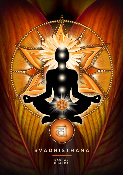 瑜珈荷花中的神圣脉轮冥想姿势 在Svadhisthana脉轮符号和Canna叶前 用于冥想和脉轮能量治疗的和平装饰 — 图库照片