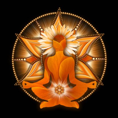 Svadhisthana çakra sembolünün önünde yoga nilüferinde Sacral çakra meditasyonu. Meditasyon için barışçıl dekor ve çakra enerjisi iyileştirme.
