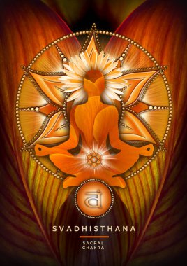 Yoga nilüferinde Sacral çakra meditasyonu, Svadhisthana çakra sembolü ve konserve yaprağı önünde. Meditasyon için barışçıl dekor ve çakra enerjisi iyileştirme.