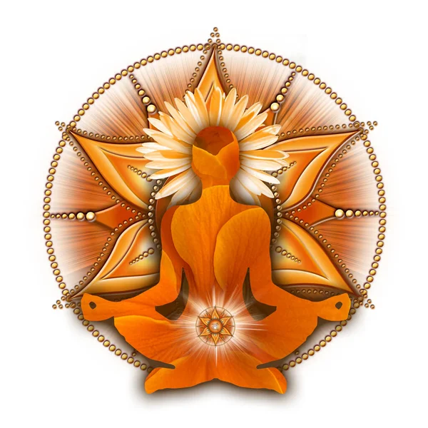 ヨガのハスのポーズで神聖なチャクラ瞑想 Svadhisthanaチャクラのシンボルの前に 瞑想とチャクラエネルギー治癒のための平和的な装飾 — ストック写真