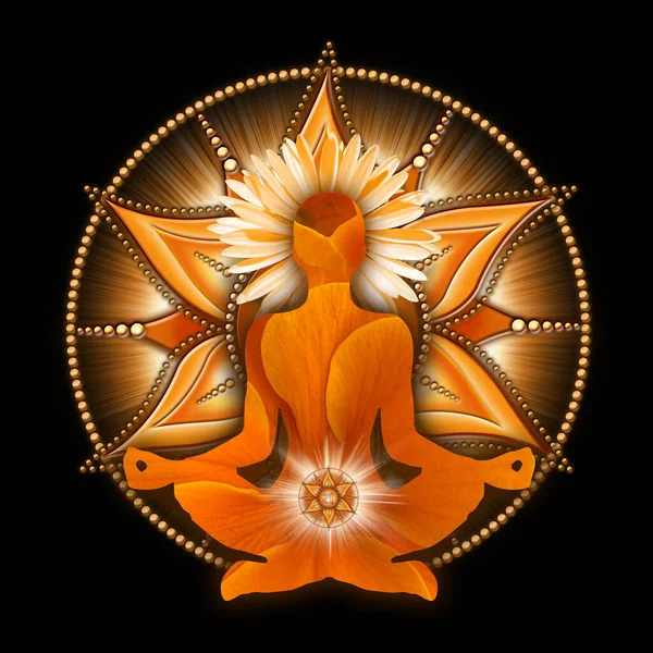 Medytacja Sakralna Czakry Pozycji Lotosu Jogi Przed Symbolem Czakry Svadhisthana — Zdjęcie stockowe