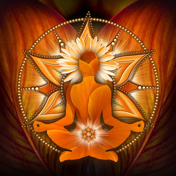 ヨガのハスのポーズで神聖なチャクラ瞑想 Svadhisthanaチャクラのシンボルとカンナの葉の前に 瞑想とチャクラエネルギー治癒のための平和的な装飾 — ストック写真