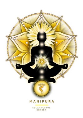 Solar plexus chakra meditation in yoga lotus pose, in front of Manipura chakra symbol and canna blossom and shoots. Peaceful decor for meditation and chakra energy healing. clipart