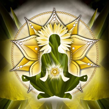 Yoga nilüferinde güneş pleksi çakra meditasyonu, Manipura çakra sembolünün önünde ve çiçek açıp filizlenir. Meditasyon için barışçıl dekor ve çakra enerjisi iyileştirme.