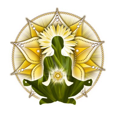 Yoga nilüferinde güneş pleksi çakra meditasyonu, Manipura çakra sembolünün önünde ve çiçek açıp filizlenir. Meditasyon için barışçıl dekor ve çakra enerjisi iyileştirme.