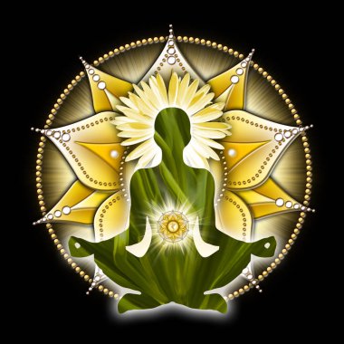Yoga nilüferinde güneş pleksi çakra meditasyonu, Manipura çakra sembolünün önünde ve çiçek açıp filizlenir. Meditasyon için barışçıl dekor ve çakra enerjisi iyileştirme.