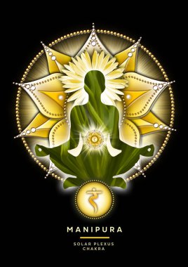 Solar plexus chakra meditation in yoga lotus pose, in front of Manipura chakra symbol and canna blossom and shoots. Peaceful decor for meditation and chakra energy healing. clipart
