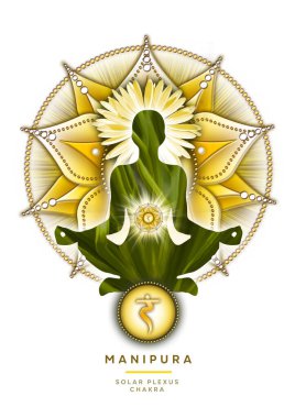Yoga nilüferinde güneş pleksi çakra meditasyonu, Manipura çakra sembolünün önünde ve çiçek açıp filizlenir. Meditasyon için barışçıl dekor ve çakra enerjisi iyileştirme.