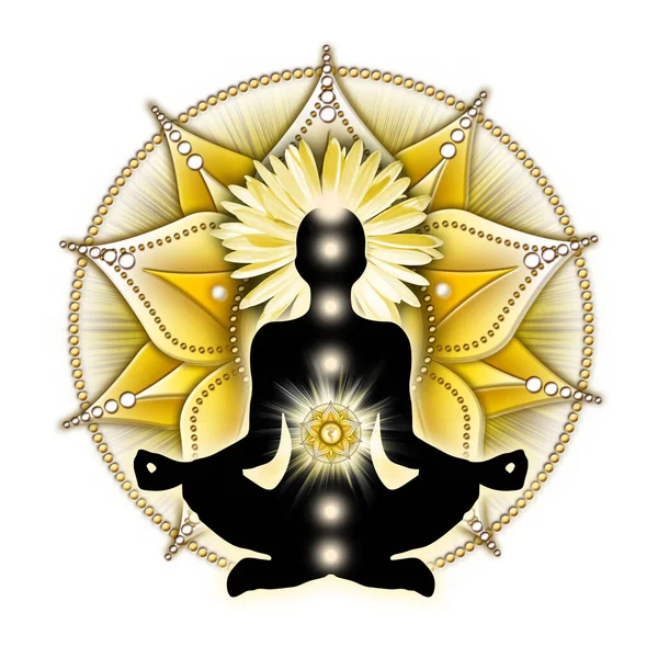 Méditation Solaire Chakra Plexus Dans Pose Lotus Yoga Devant Symbole — Photo